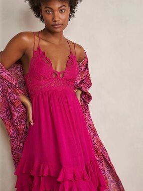 Free People Fuchsia Lace-Trim Midi Dress